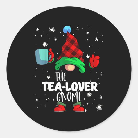 Tea Lover Gnome Red Buffalo Plaid Matching Family ラウンドシール (正面)