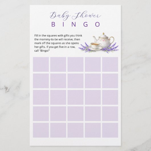 Tea party Baby Shower Bingo Game 便箋 (正面)