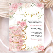 Tea Party Baby Shower Girl Pink & Gold Floral 招待状