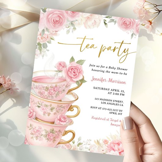 Tea Party Baby Shower Girl Pink & Gold Floral 招待状