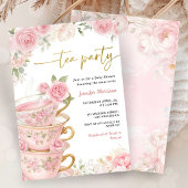 Tea Party Baby Shower Girl Pink & Gold Floral 招待状