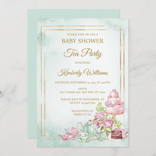 Tea Party Baby Shower Sprinkle 招待状 (正面/裏面)