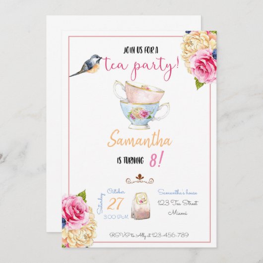 Tea Party Birthday Invitation, Tea Invitation 招待状 (正面/裏面)