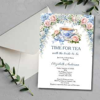 Tea Party Bridal Shower, Pink Blue Garden Florals 招待状
