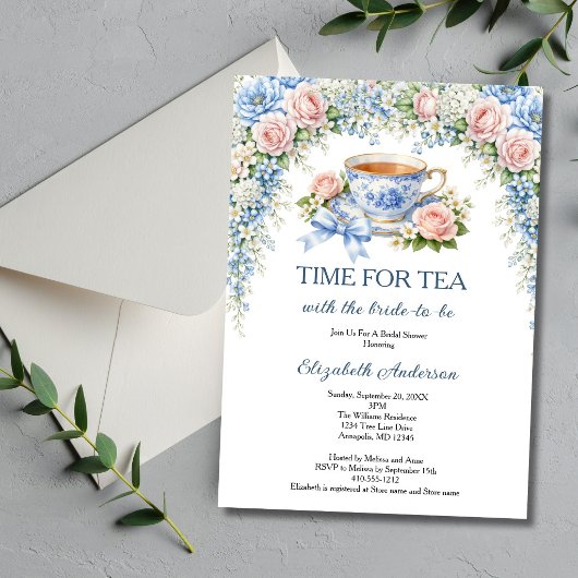 Tea Party Bridal Shower, Pink Blue Garden Florals 招待状