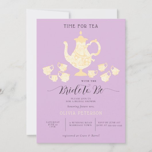 Tea Party Lavender Lemon Boho Lace Bridal Shower 招待状 (正面)