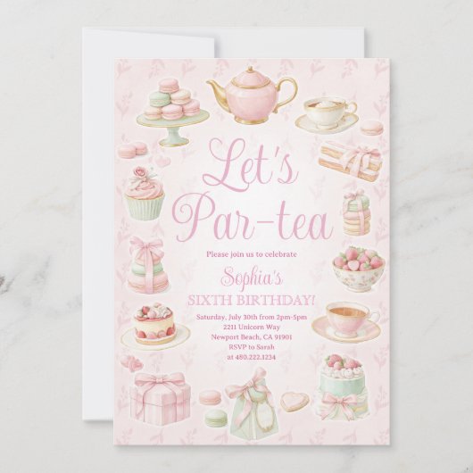 Tea Party Teapot Teacup Pink Party Invitation 招待状 (正面)