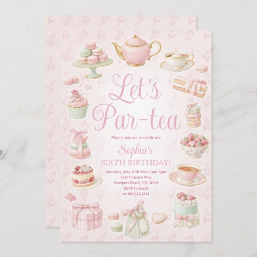 Tea Party Teapot Teacup Pink Party Invitation 招待状 (正面/裏面)