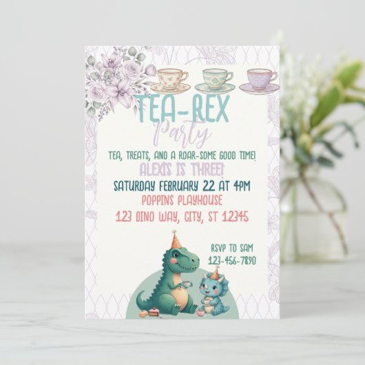 Tea-Rex Dinosaur Birthday Tea Party 招待状 (スタンド正面)