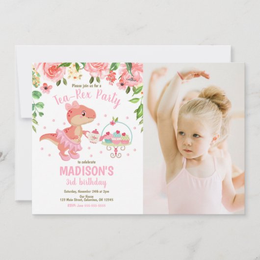 Tea-Rex Tutu Party Dinosaur 3rd Birthday Photo 招待状 (正面)