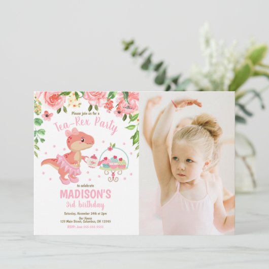 Tea-Rex Tutu Party Dinosaur 3rd Birthday Photo 招待状 (スタンド正面)