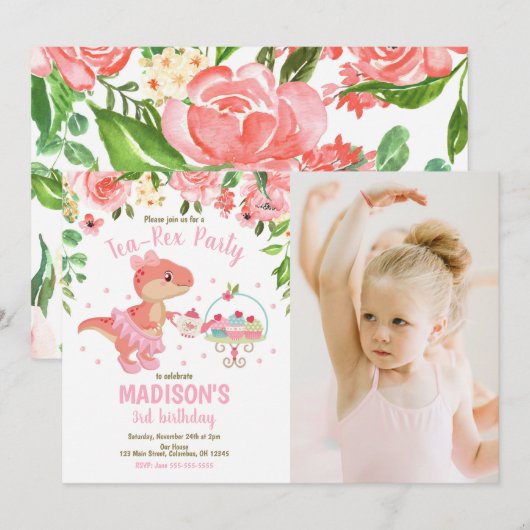 Tea-Rex Tutu Party Dinosaur 3rd Birthday Photo 招待状 (正面/裏面)