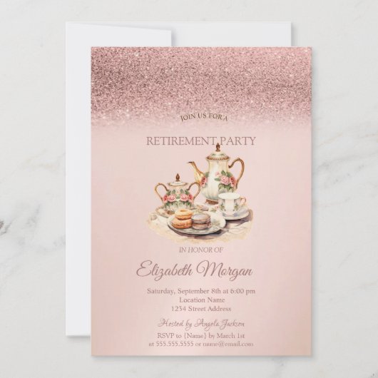 Tea Service Rose Gold Glitter Retirement  招待状 (正面)