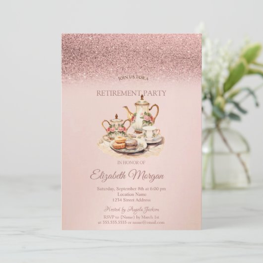Tea Service Rose Gold Glitter Retirement  招待状 (スタンド正面)