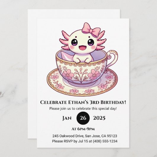 Tea Time Axolotl Birthday 招待状 (正面/裏面)