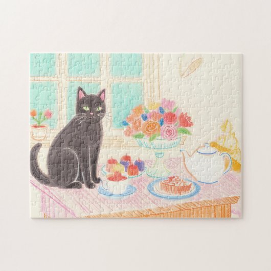 Tea-Time Black Cat Puzzle – Cozy Winter Gift Idea ジグソーパズル (横)