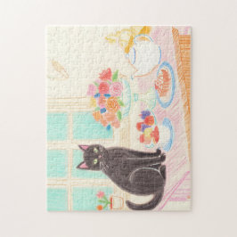 Tea-Time Black Cat Puzzle – Cozy Winter Gift Idea ジグソーパズル