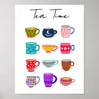 Tea Time Bright Watercolor Cups Colorful Kitchen  ポスター