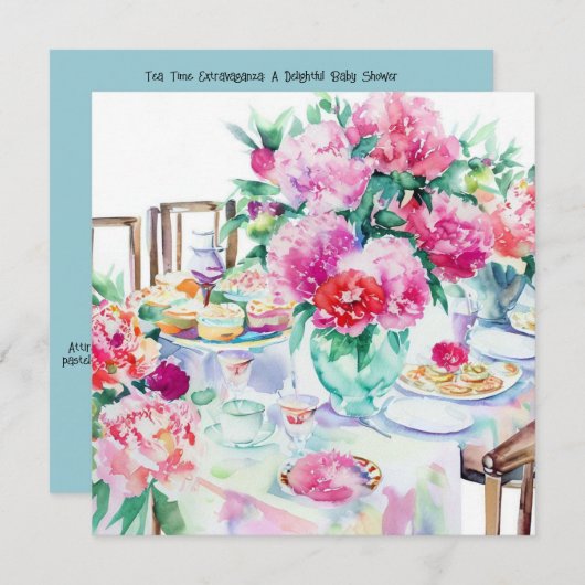 Tea Time Exvasanza：タイムレスティー、赤ちゃんシャワー 招待状 (正面/裏面)