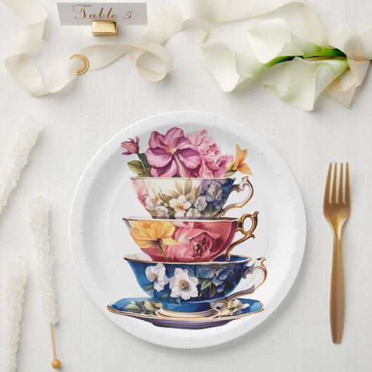 Tea Time in Bloom Bridal Shower Paper Plates ペーパープレート (ウェディング)