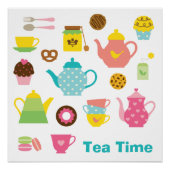 Tea Time Poster – Cute Pastel Teapots & Sweets ポスター (正面)