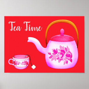 Tea time slogan tea lover Pink Vintage teapot art ポスター