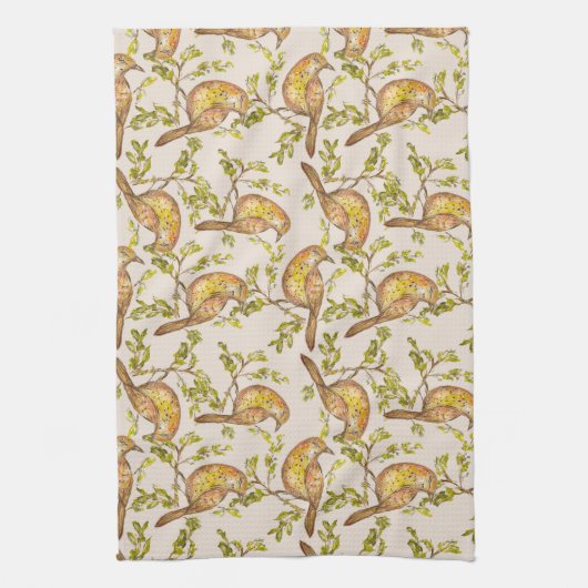 Tea Towel With Hand-Painted Birds on Branches キッチンタオル (縦)