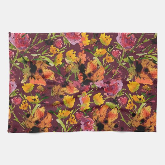 Tea Towel With Hand-Painted ink Florals キッチンタオル (横)