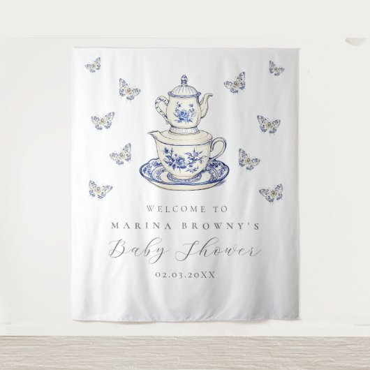 Tea with the Mom Baby Shower Photo Backdrop Sign タペストリー (正面)