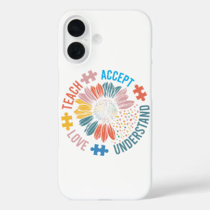 "Teach Accept Love Understand" パズルのピースの花 iPhone 16ケース