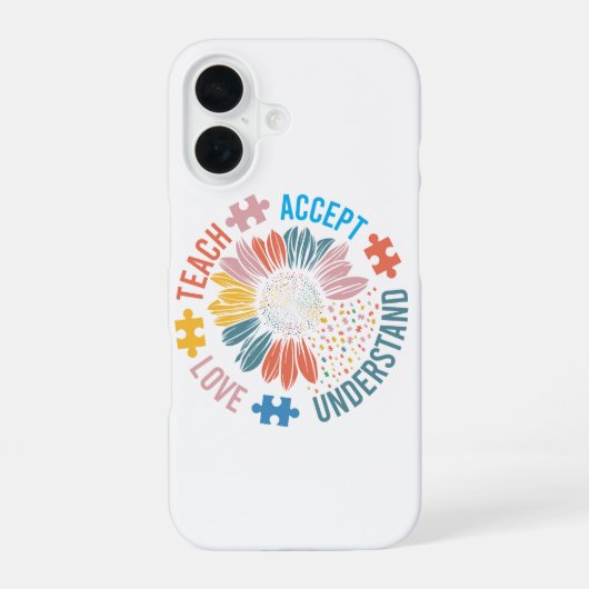 "Teach Accept Love Understand" パズルのピースの花 iPhone 16ケース (裏面)