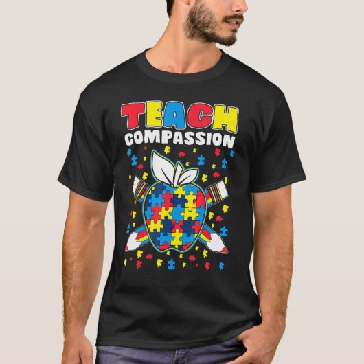 Teach Compassion Puzzle Piece Teacher Autism Aware Tシャツ (正面)
