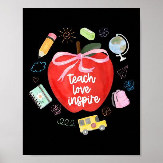 Teach Love Inspire Teacher Coquette Bow Apple Back ポスター (正面)