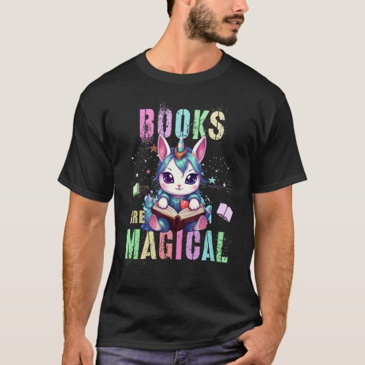 Teacher BOOKS ARE MAGICAL Cat Unicorn School Libra Tシャツ (正面)