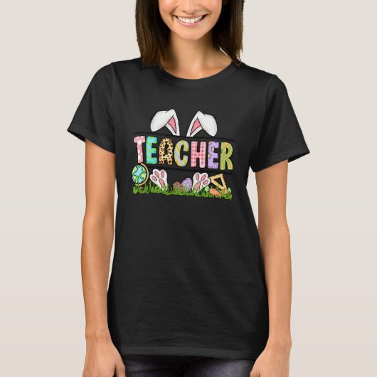 Teacher Bunny Ears Leopard Pink Plaid Rabbit Eggs  Tシャツ (正面)