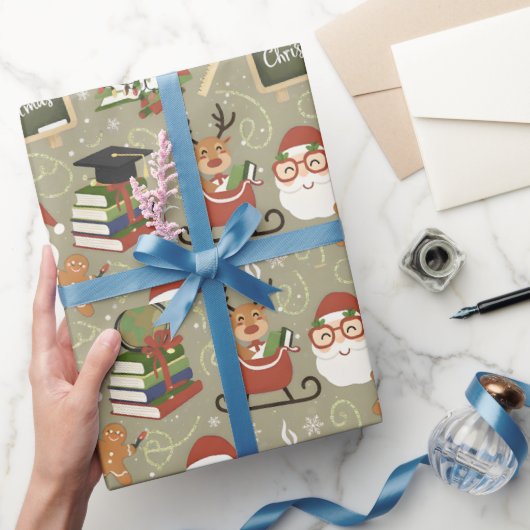 Teacher Christmas Cute Reindeer Santa School ラッピングペーパー (ギフト)