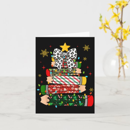 Teacher Christmas Tree Lights Pencil Leopard Print カード (黄色い花)