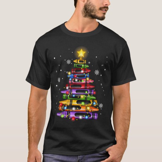 Teacher Crayon Christmas Tree Lights Student Schoo Tシャツ (正面)