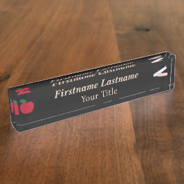 Teacher Desk Nameplate – Custom Black – Red Apple デスクネームプレート