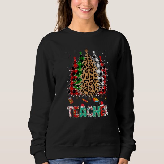 Teacher Leopard Red White Green Plaid Christmas Tr スウェットシャツ (正面)