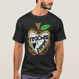 Teacher Loves Inspire Leopard Apple School Life Tシャツ