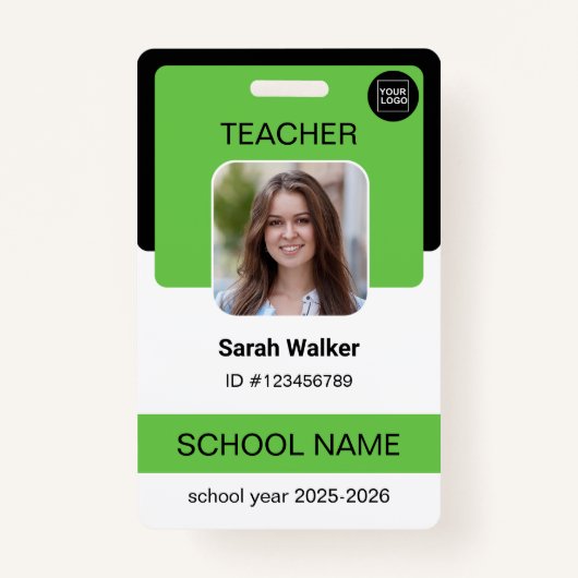 Teacher Photo ID Badge – School Staff - Green バッジ (正面)