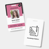 Teacher Photo ID Badge – School Staff - Pink バッジ (正面&裏面)