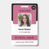 Teacher Photo ID Badge – School Staff - Pink バッジ (正面)