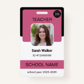 Teacher Photo ID Badge – School Staff - Pink バッジ (正面)