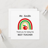 Teacher Thank You Card, Rainbow & Red Apple カード (正面/裏面インサイチュ)