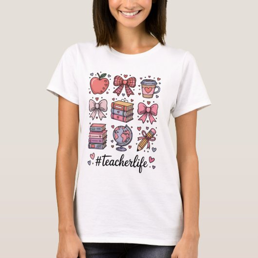 #TeacherLife Cute Pink Coquette Bow School Supplie Tシャツ (正面)