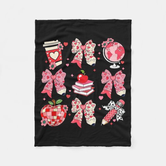 Teaching Is A Work Of Heart Pencil Bow Teacher Val フリースブランケット (正面)