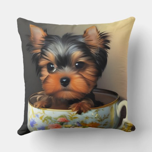 Teacup Digitalの愛らしいヨークシャーテリア絵画。 クッション (裏面)