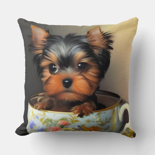 Teacup Digitalの愛らしいヨークシャーテリア絵画。 クッション (正面)